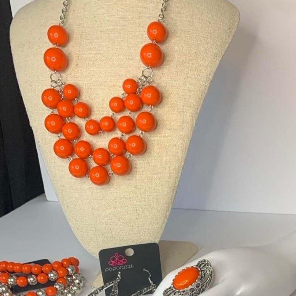 Paparazzi Orange Beaded Jewelry Set - Necklace, Bracelet, Ring, Earrings
